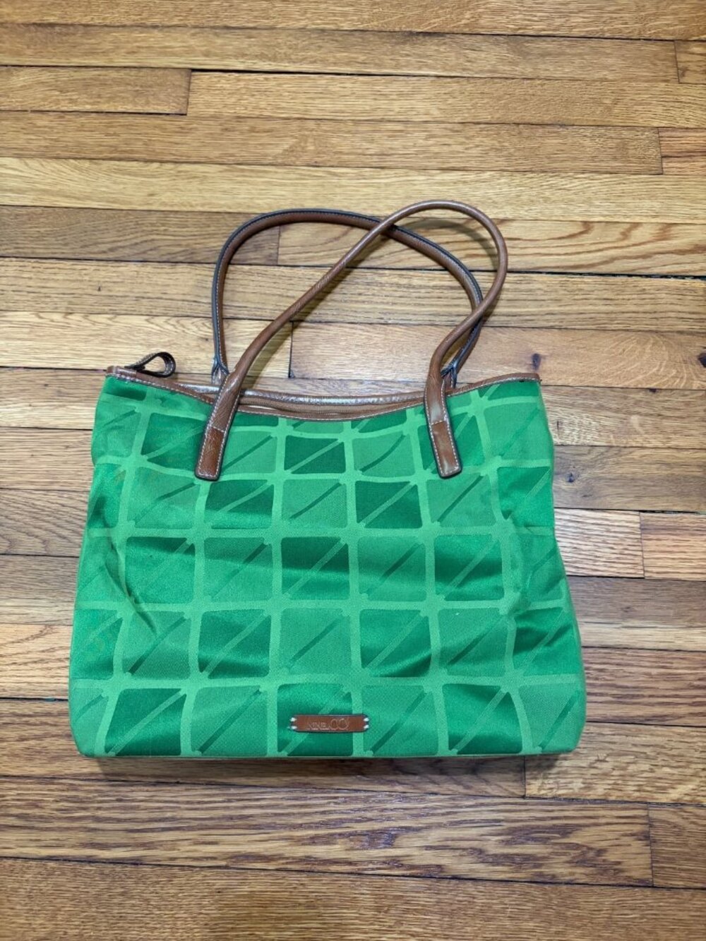 Nine & Co. Nine West Womens Shoulder Bag Green Patterned Brown Leather Trim
